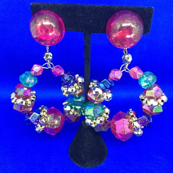 Vintage Chunky Multi Color Beaded Clip On Earring… - image 5