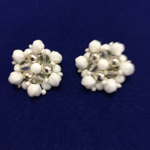 Vintage Glass Cluster Earrings White Milk Glass B… - image 2