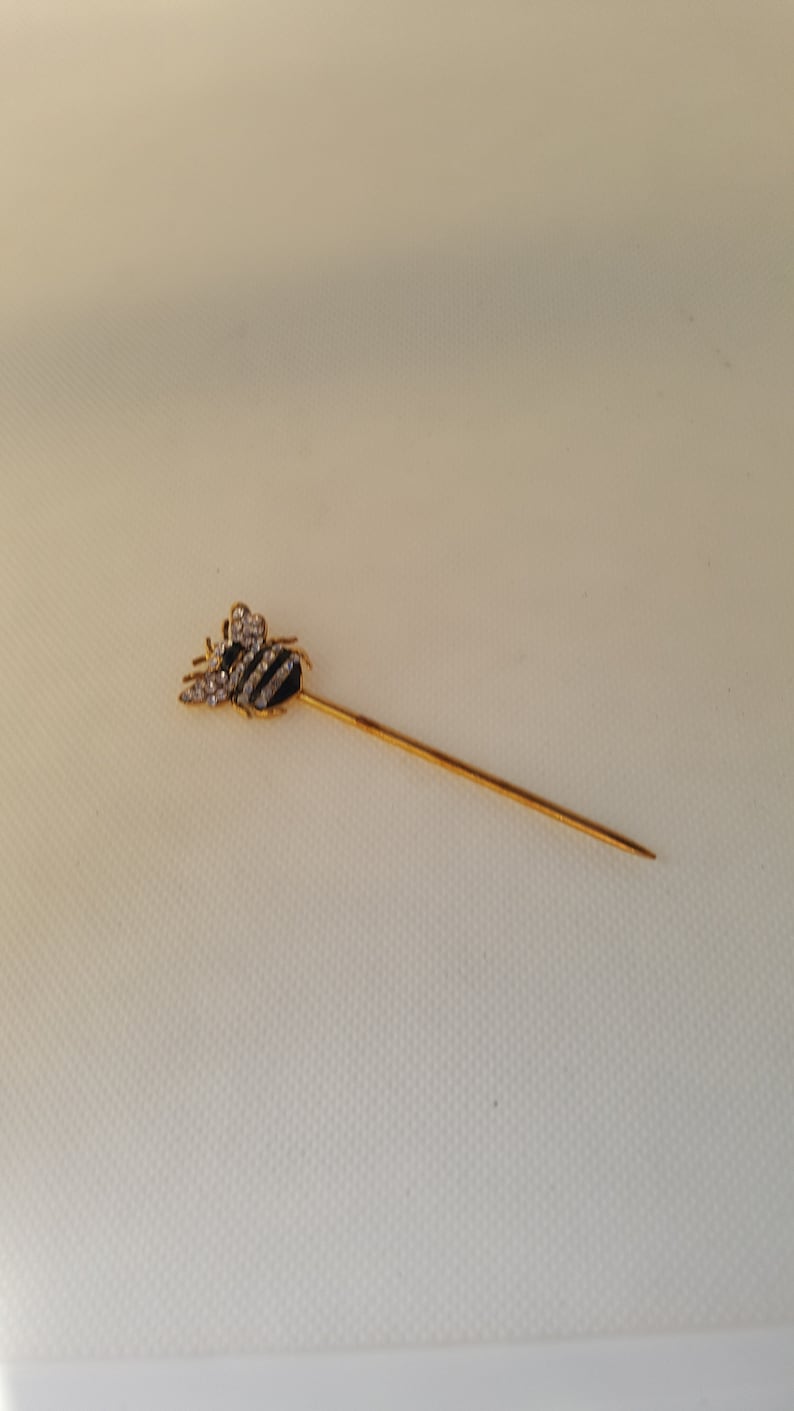 Vintage Bumble Bee Rhinestone Stickpin Black and Clear Glass Rhinestones Vintage Lapel Pin