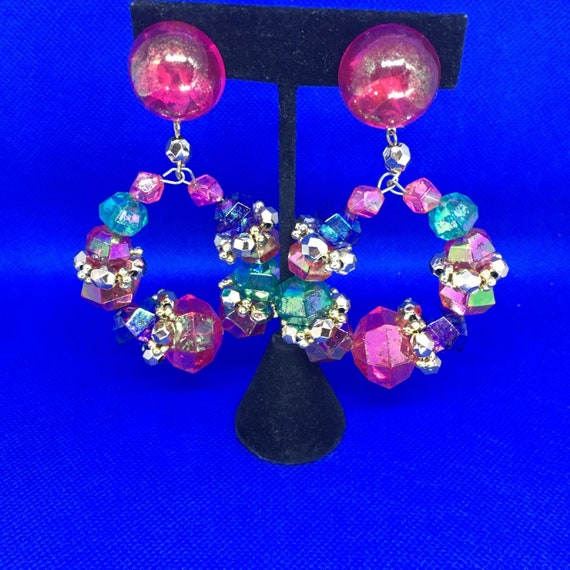 Vintage Chunky Multi Color Beaded Clip On Earring… - image 1