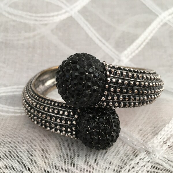 Vintage Clamper Bracelet  - 1980's Vintage Jewelry Cuff Bracelet with Raised Beads and Black Rhinestones Art Deco Style