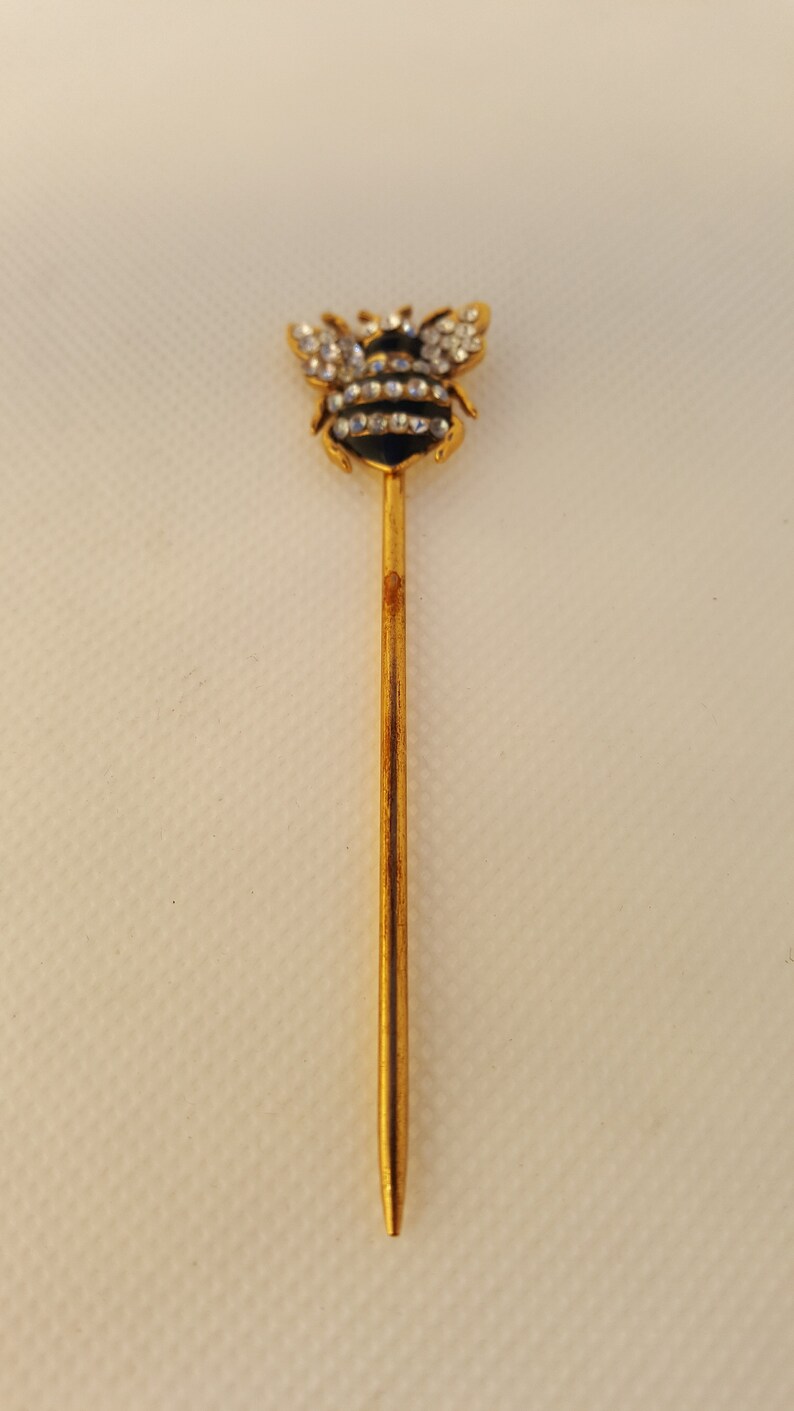 Vintage Bumble Bee Rhinestone Stickpin Black and Clear Glass Rhinestones Vintage Lapel Pin