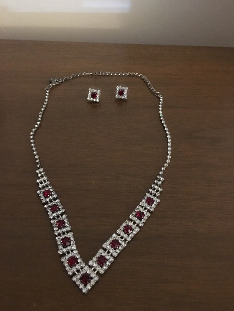 Diamante Earrings and Necklace Red Diamante Vintage 1980/'s Jewelry Set Pierced Earrings and Cocktail Necklace in Ruby Red Christmas Gift