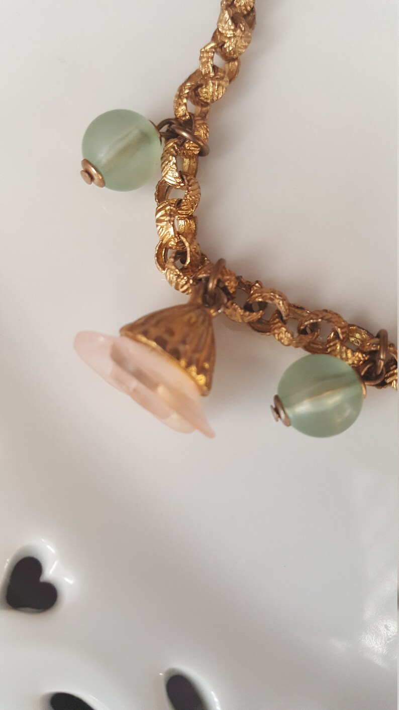 Vintage Frosted Glass Charm Bracelet Pink Roses and Green Glass Balls on Gold Toned Textured Metal Link Chain Vintage Jewelry Vintage Bangle