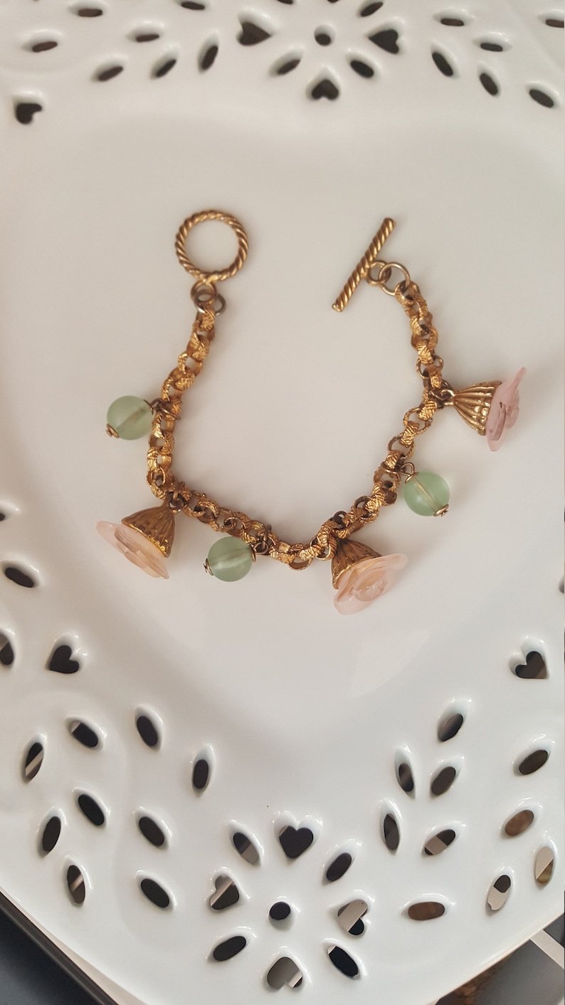 Vintage Frosted Glass Charm Bracelet Pink Roses and Green Glass Balls on Gold Toned Textured Metal Link Chain Vintage Jewelry Vintage Bangle