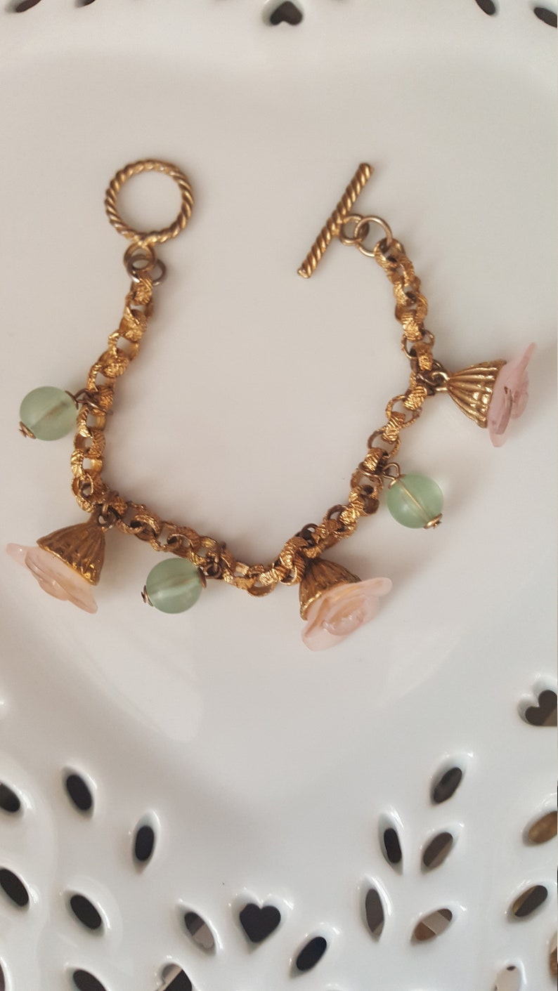 Vintage Frosted Glass Charm Bracelet Pink Roses and Green Glass Balls on Gold Toned Textured Metal Link Chain Vintage Jewelry Vintage Bangle