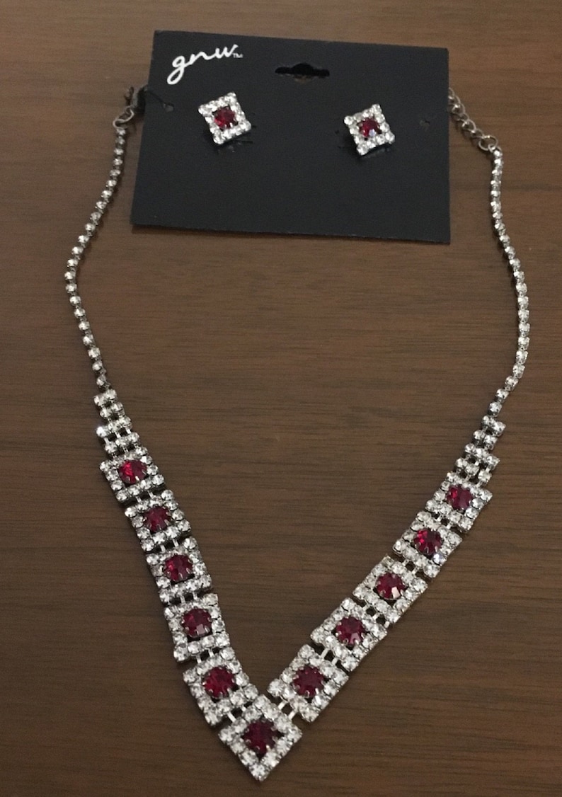 Diamante Earrings and Necklace Red Diamante Vintage 1980/'s Jewelry Set Pierced Earrings and Cocktail Necklace in Ruby Red Christmas Gift