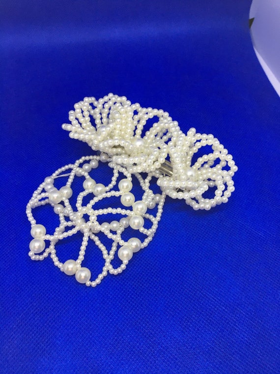 Vintage White Pearl Bead Snood with Hair Clip Vint