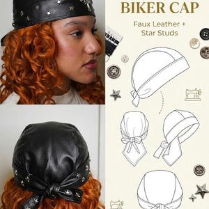 May include: A black faux leather biker cap featuring silver-toned star studs and a cross emblem. The cap is tied at the back with two fabric tails. The image includes text reading MOTO BIKER CAP Faux Leather + Star Studs and line drawings.