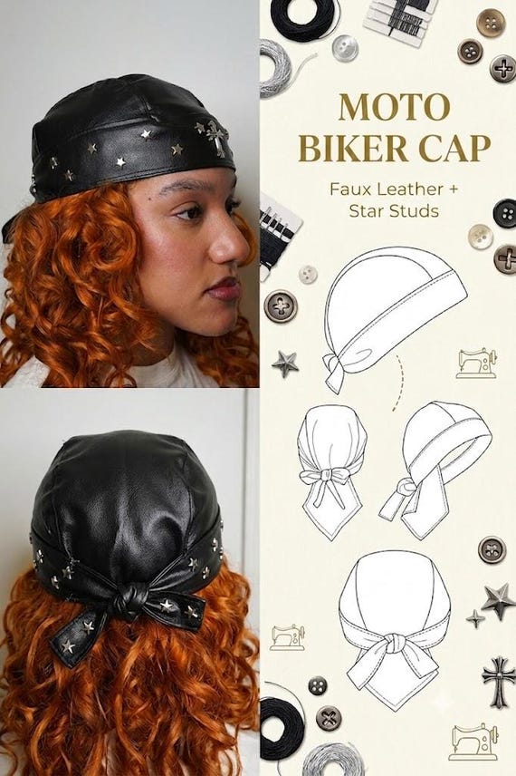 Moto Biker Cap Sewing Pattern, Studded Skull Cap PDF, Punk Rock Head Wrap