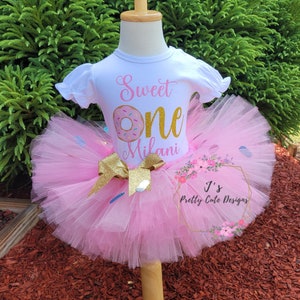 Sweet One Donut Outfit, Pink And Gold 1st Birthday Outfit, Girls Donut Birthday Outfit, Donut Birthday Shirt And Tutu, Sprinkles Tutu skirt