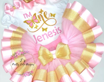 First Birthday Butterfly Tutu Outfit/ Pink And Gold First Birthday Butterfly Tutu Set/ Custom Birthday Tutu And Shirt/ Girls Birthday Shirt