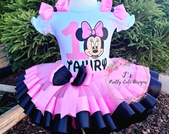 Pink and Black Minnie Mouse 1st Birthday Tutu Set, 1st,2nd,3rd Birthday Outfit, Minnie Mouse tutu outfit, Custom Minnie shirt