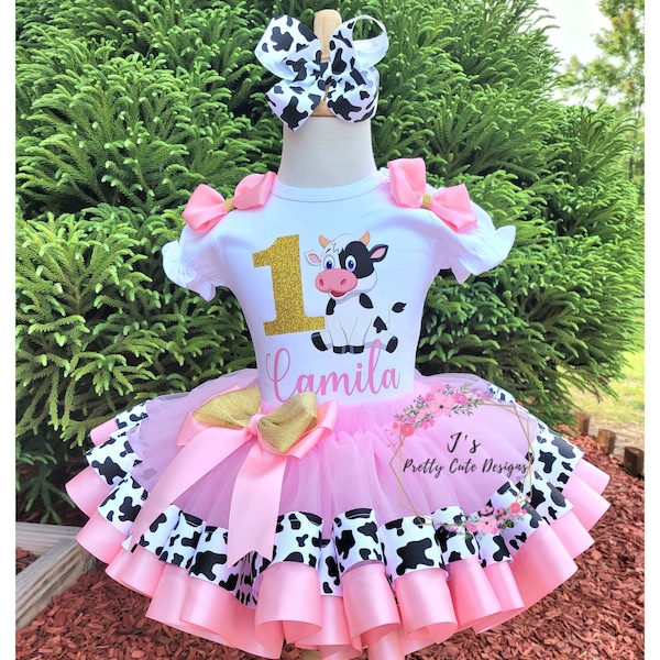 Cow Girl First Birthday Outfit, Personalized Pink Farm Baby Birthday Tutu Set, 2nd 3rd Birthday Party Gift, Shirt And Tutu Skirt For Girls