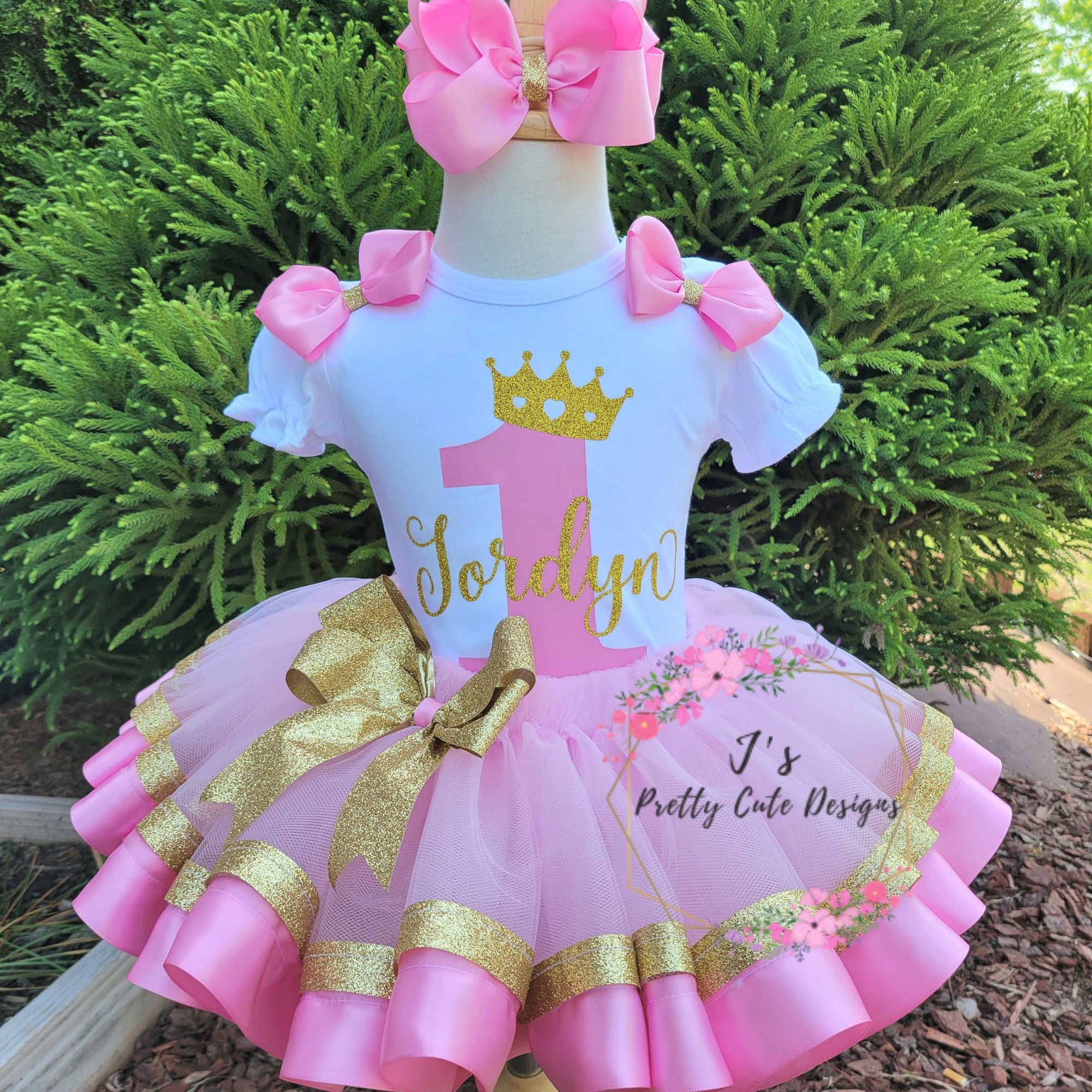 Personalized Princess First Birthday Tutu Outfit Pink and Gold