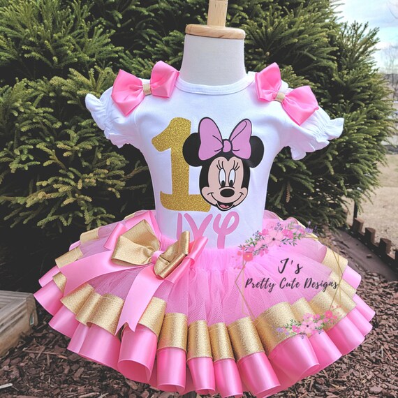 Minnie Birthday Girl Outfit Pink Tutu Dress With Name And Age (Pink&Black