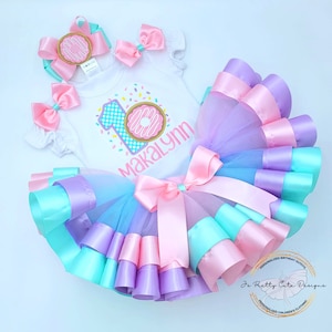 First Birthday Embroidered Donut Tutu Outfit| Baby Girl Donut Shirt And Tutu| Pastel Colors Donut Tutu Set| Rainbow Outfit For Girls Any Age