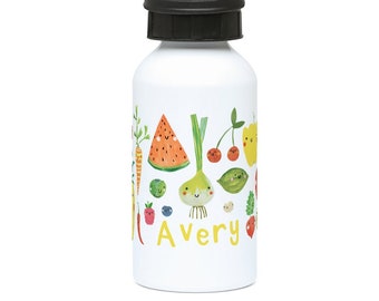 Personalised Fruit Veggie Kids Water Bottle | 400ml Reusable Eco Children Named Food Lunch | School Nursery Preschool Kindergarten Sport