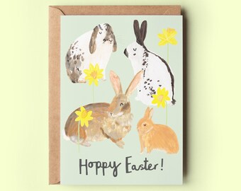 Hoppy Easter Rabbits Card | Happy Bunny Floral Greeting Card Family Cute Spring Easter Christian