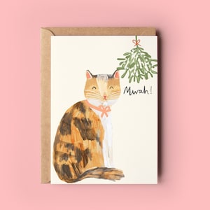 Christmas Kisses Mistletoe Cat Card | Funny Christmas Merry Seasons Greeting Card Love Husband Wife