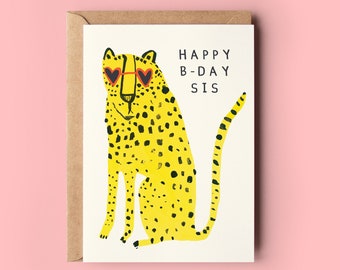 Sister Leopard Birthday Card | Cool Happy Bday Sis Greeting Card Love Family Friend Pink