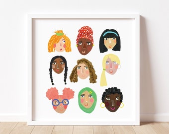 Girls Faces Print | Illustration Character Diversity Females Fun Kids Nursery Gallery Drawing