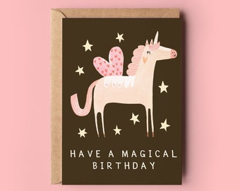 Magical Unicorn Birthday Card | Cute Pink Sparkle Magic Kids Children's Party Birthday Greeting