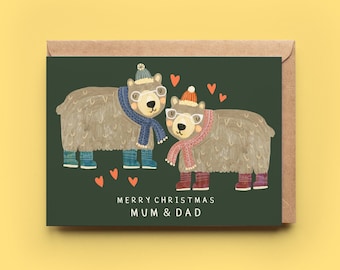 Mum and Dad Bears Christmas Card | Mom Parents Xmas Merry Seasons Greeting Card Happy Holidays