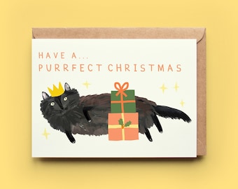 Purrfect Cat Christmas Card | Xmas Cat Kitten Christmas Merry Seasons Greeting Card