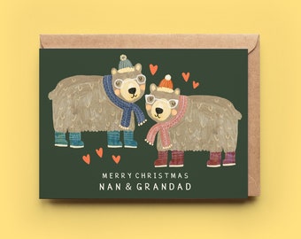 Nan and Grandad Bears Christmas Card | Grandparents Family Xmas Seasons Greetings Happy Holidays