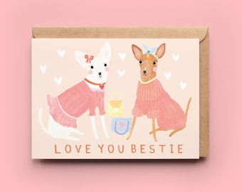 Bestie Pups Card | Dog Birthday Card Cute Bestie Pink Galentines BFF Just to Say Gals Greeting Cards