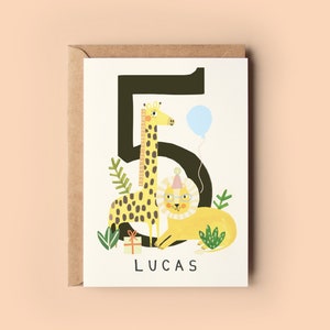 Tarjeta personalizada del quinto cumpleaños de la selva / Cumpleaños de los niños Tarjetas personalizadas de animales personalizados para niños