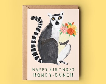 Honey Bunch Lemur Birthday Card | Girlfriend Boyfriend Friend Cute Funny Cards | Birthday Greeting