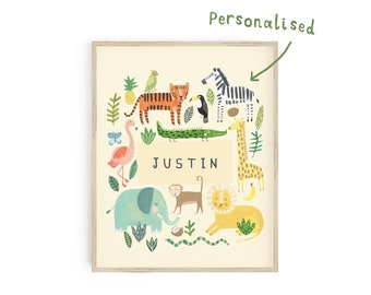 Personalised Jungle Name Print | Safari Zoo Animals | Kids Room Children New Baby Gift Nursery