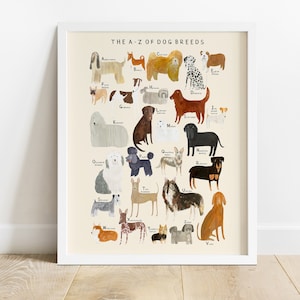 Dog Breeds Alphabet Print | A-Z Identification Poster Dogs Breed Pet Woof Puppy Gift Educational