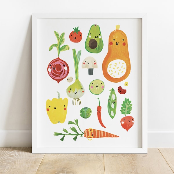 Happy Veggies Vegetables Print | Kids Room Playroom Nursery Vegan Vegetarian Kitchen Food