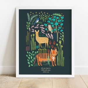 Personalised Jungle Birth Announcement Print Animals New Baby Gift Nursery Congratulations image 1