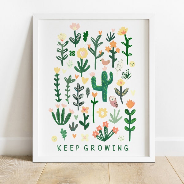 Keep Growing Print | Illustration Garden Flowers Bugs  Positivity | Kids Nursery Décor Poster