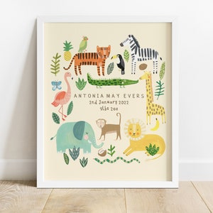 Personalised Safari Birth Announcement Print Animals Kids Room Children Baby Gift Nursery Lion image 1