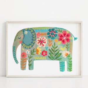Floral Elephant Print | Illustration Art Design Wall Décor Tribal Folk Folkloric Rainbow Flowers