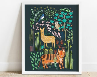 Asian Jungle Animals Print | South East Asia Art Tiger Water Deer China Thailand Japan Forest Nature