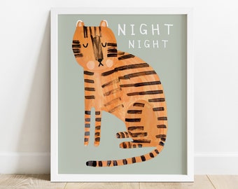 Impression tigre nuit nuit | Dormir à l'heure du coucher, décoration de chambre d'enfants, affiche d'animaux pour chambre d'enfants, salle de jeux