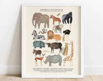 Afrikaanse dieren continent print | Afrika Safari Leeuw Olifant Neushoorn Kinderdecoratie Educatieve kinderkamer