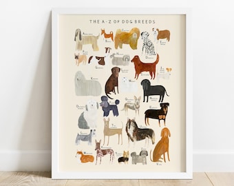 Dog Breeds Alphabet Print | A-Z Identification Poster Dogs Breed Pet Woof Puppy Gift Educational
