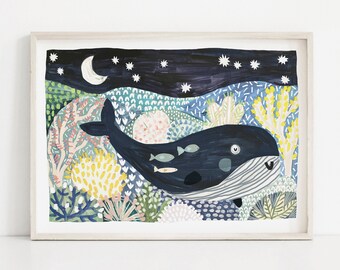 Whale Print | Ocean Underwater Sea Fish | Kids Nursery Decor | Wall Art Illustration | A4 A3 A2 A1