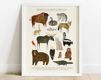 North American Animals Continent Print | USA Canada Alaska Bear Kids Room Décor Educational Nursery