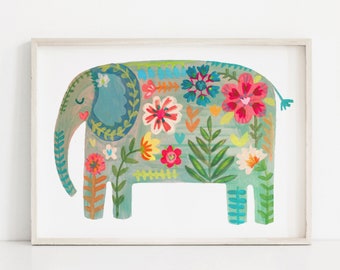 Floral Elephant Print | Illustration Art Design Wall Décor Tribal Folk Folkloric Rainbow Flowers