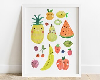 Happy Fruit Print | Cute Fruity Poster Apple Banana Berry Kids Vegan Vegetarian Food Gift