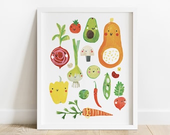 Happy Veggies Vegetables Print | Kids Room Playroom Nursery Vegan Vegetarian Kitchen Food