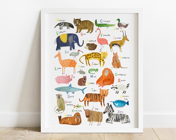 Abc Alphabet Animal Print | Nursery Decor Educational A - Z Poster Kids Playroom Room | Wall Art Gift A1 A2 A3 A4